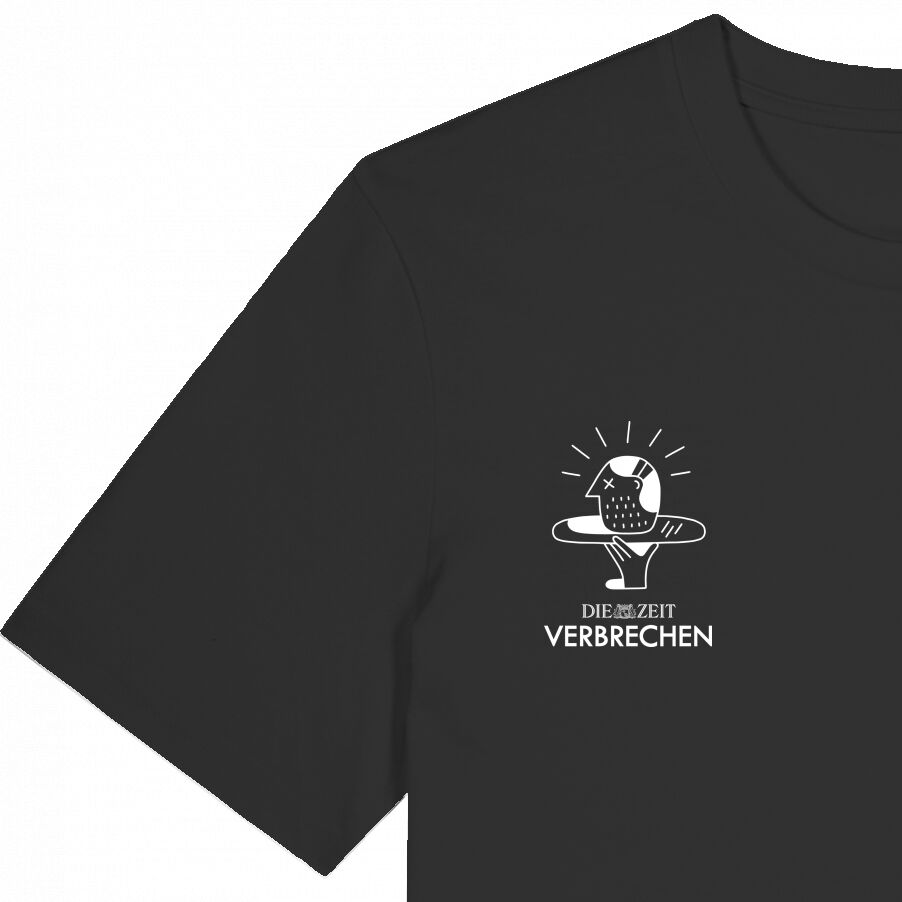 Schwarzes T-Shirt mit weißem Aufdruck eines minimalistischen Kopfes im Profil, darunter der Schriftzug 'ZEIT VERBRECHEN'. Das Design wirkt modern und spricht besonders Fans von True-Crime und Krimi-Podcasts an.