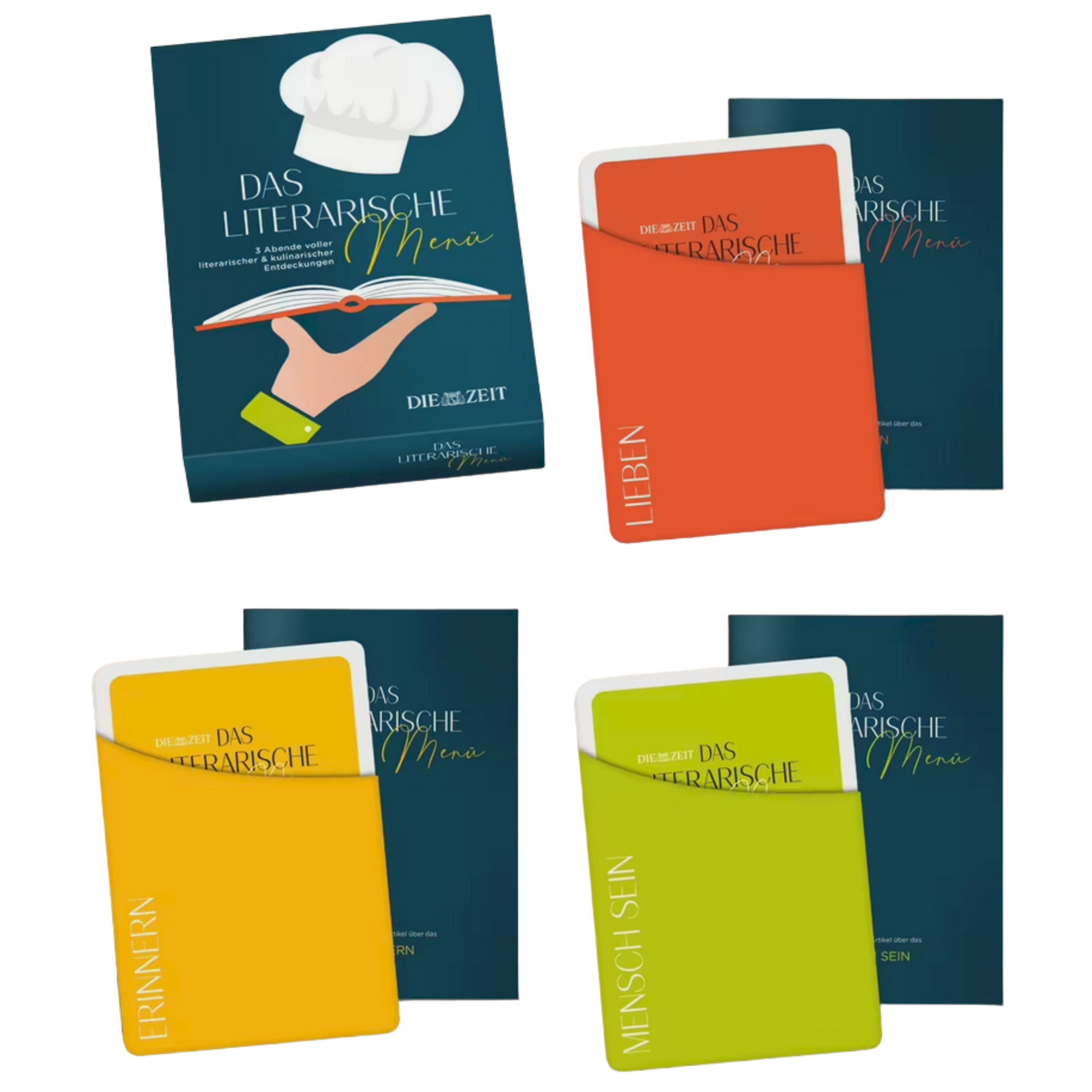 Das Bild zeigt das ZEIT-Edition-Set »Das literarische Menü« von DIE ZEIT. Zu sehen sind ein dunkelblaues Hauptheft mit weißer Kochmütze und offene Buch-Illustration sowie drei farbige Kartensets in Orange (Lieben), Gelb (Erinnern) und Hellgrün (Mensch sein) samt passenden dunkelblauen Leseheften.