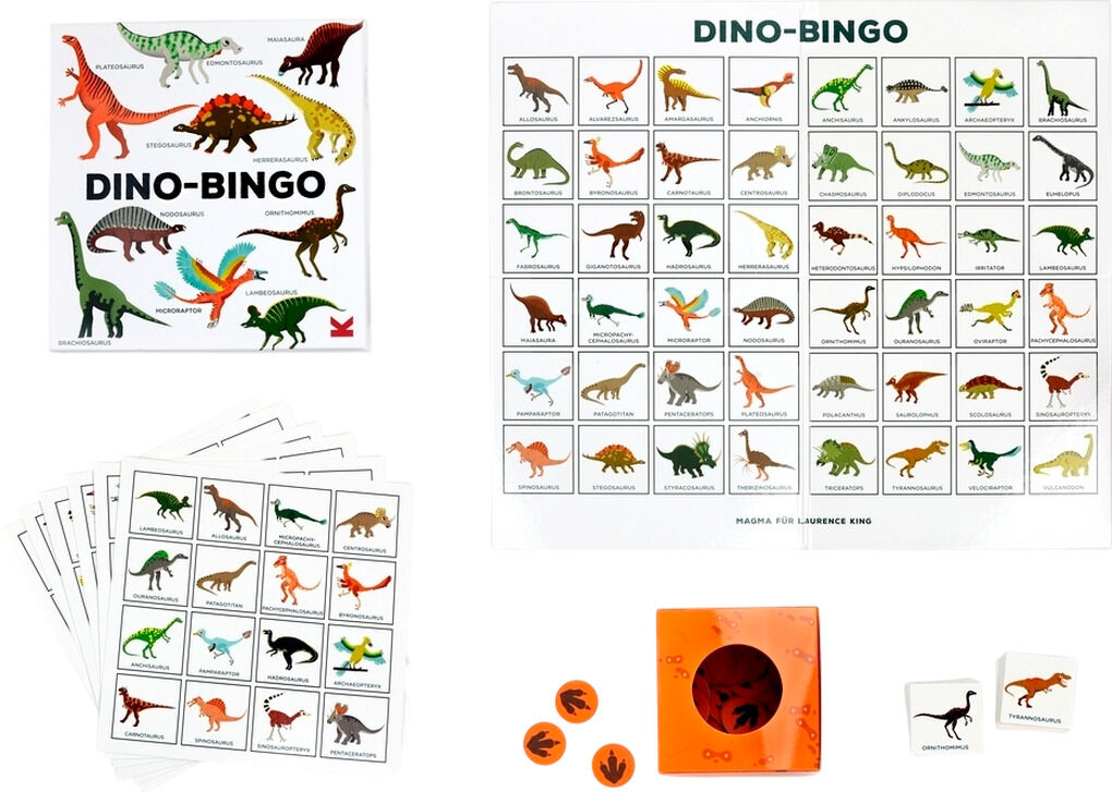 Das Bild zeigt das Gesellschaftsspiel ‚Dino-Bingo‘ mit verschiedenen Karten und einem Spielfeld, das Dinosaurierabbildungen enthält. Das Set ist farbenfroh und eignet sich für Kinder sowie Spielabende in der Familie.