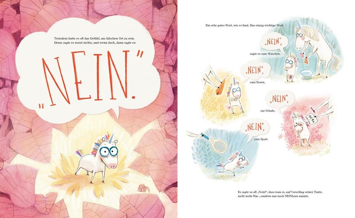 Eine Doppelseite aus dem Kinderbuch 'Das NEINhorn'. Links steht ein kleines, weißes Einhorn mit einer bunten Mähne und sagt 'NEIN.' Der Hintergrund ist rosa und erinnert an Blätter. Rechts sind weitere Zeichnungen von niedlichen Tieren, die ebenfalls 'NEIN' sagen.