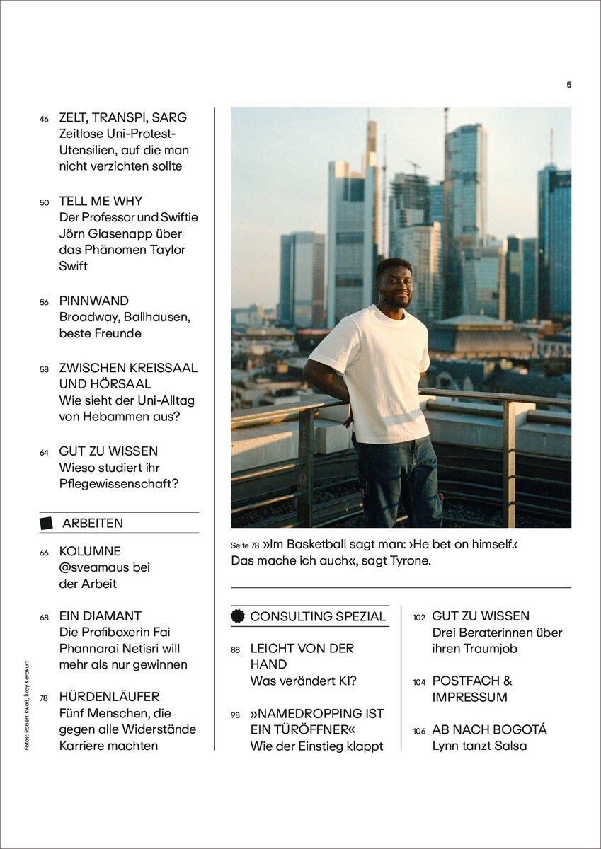 Das Bild zeigt das Cover der Zeitschrift ZEIT CAMPUS 4/24 mit dem Titel 'Best friends forever?'. Im Hintergrund ist eine Skyline einer Stadt zu sehen. Eine männliche Person steht im Vordergrund und blickt in die Ferne.