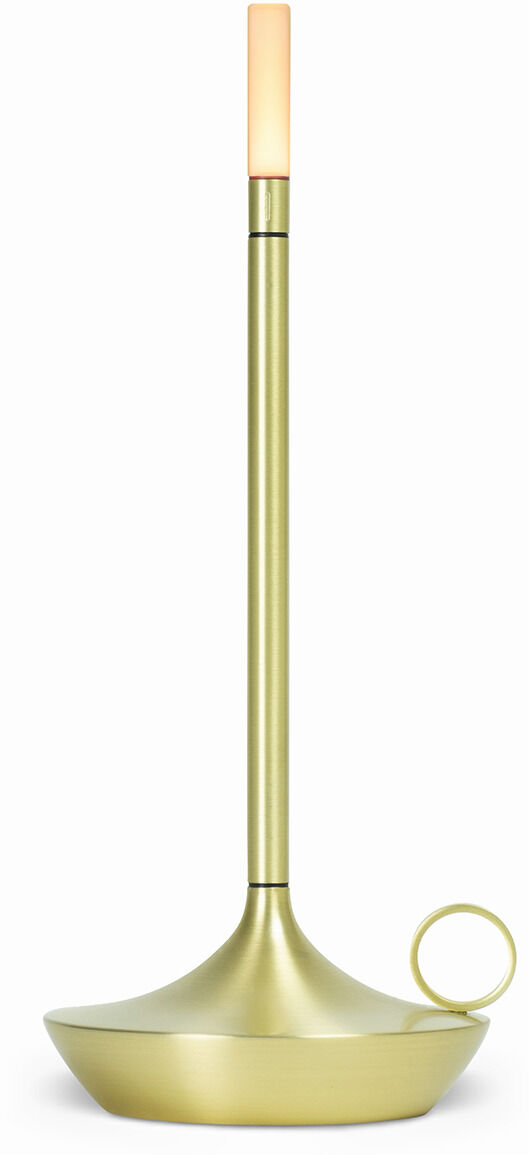 Eine moderne Tischlampe in minimalistischem Design mit einem goldenen Körper und einer weißen LED-Leuchte an der Spitze.