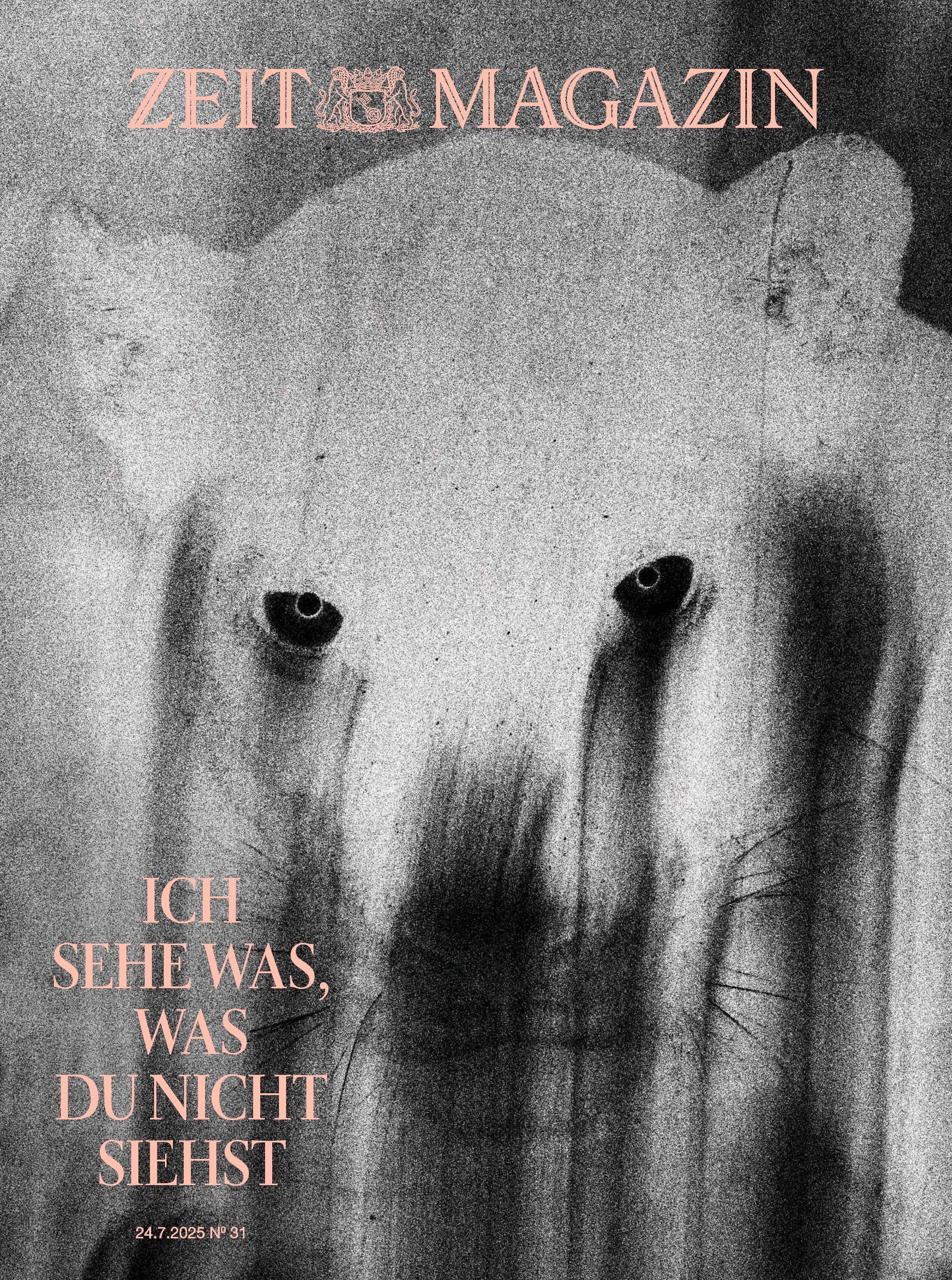 Schwarz-weißes Cover des ZEIT Magazins Ausgabe 31/2025 mit dem Porträt eines Eisbären. Im oberen Bereich steht der Magazintitel in pastellrosa Schrift. Im unteren Bereich ist der Titel 'Ich sehe was, was du nicht siehst' in großen pastellrosa Buchstaben abgedruckt. Das Bild erzeugt eine nachdenkliche und künstlerische Stimmung.