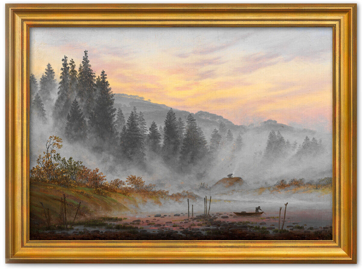 Das Bild »Der Morgen« von Caspar David Friedrich aus dem »Tageszeitenzyklus« zeigt eine malerische Landschaft mit Bäumen und Bergen im Hintergrund. Der Sonnenaufgang erleuchtet den Himmel in weichen Orange- und Gelbtönen, während Nebel sanft durch die Landschaft zieht. Ein kleiner Fluss fließt durch die bewaldete Gegend, die von einem milden goldenen Rahmen umgeben ist. Das Kunstwerk strahlt eine ruhige und idyllische Atmosphäre aus.