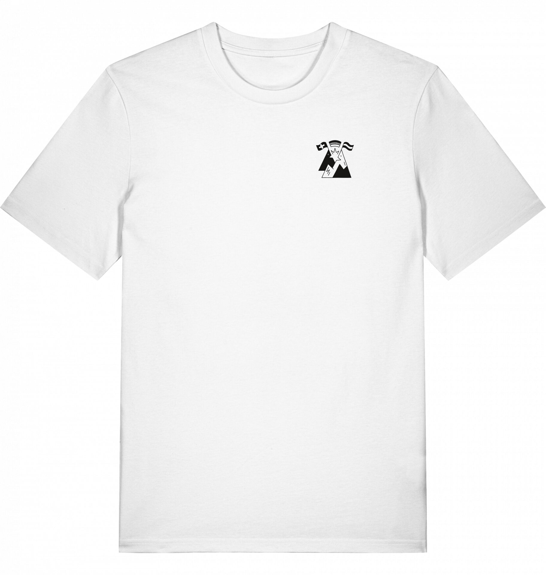 Weißes T-Shirt mit kleinem, schwarzem Aufdruck auf der linken Brust: Berge und Fahnen, darunter die Begrüßung »Servus. Grüezi. Hallo.«. Das Design symbolisiert grenzüberschreitende Freundschaft zwischen Deutschland, Österreich und der Schweiz. Das Shirt liegt flach auf weißem Hintergrund.