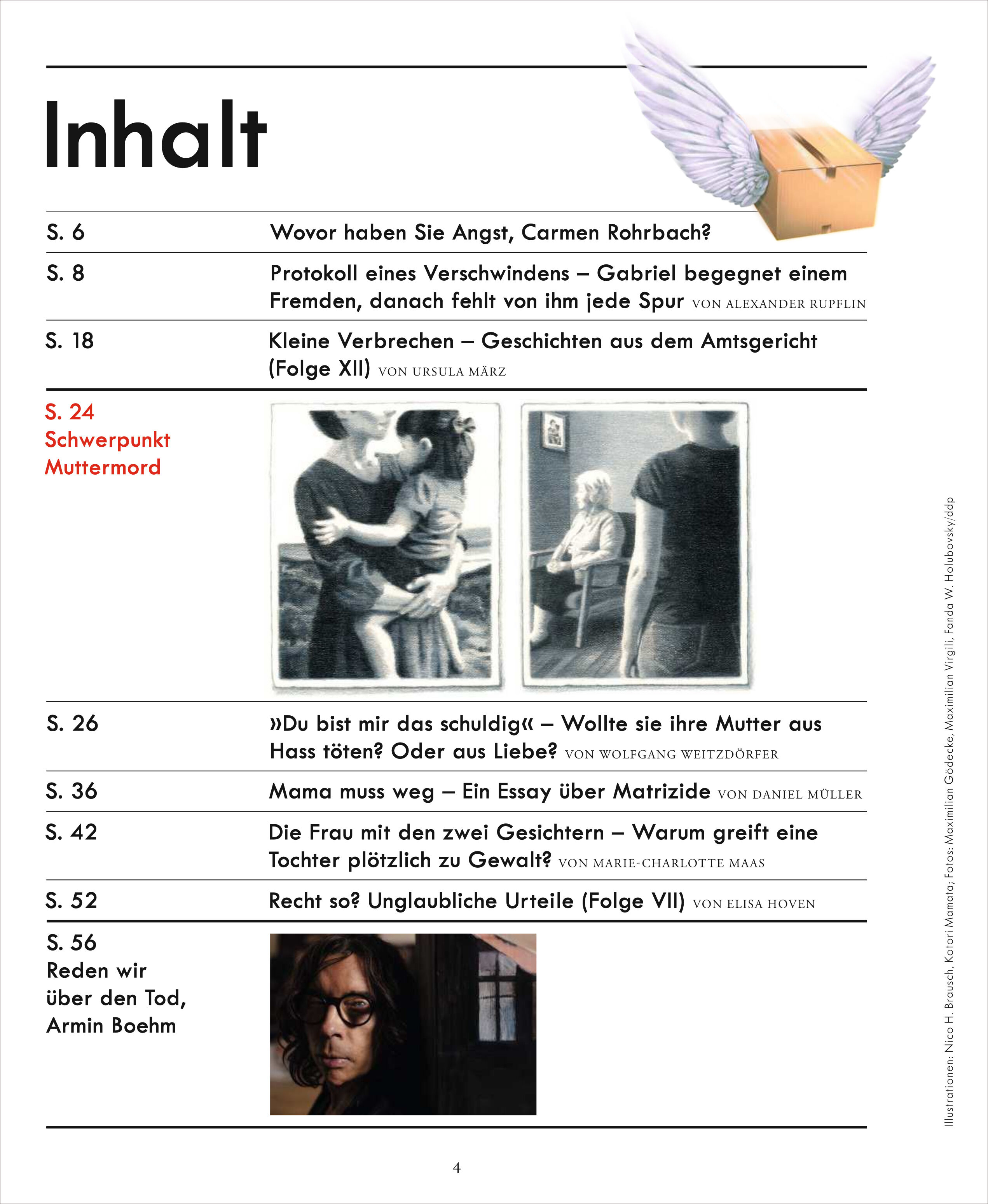 Inhaltsverzeichnis einer deutschen Zeitschrift mit Schwerpunkt auf Kriminalgeschichten, darunter auch Muttermord. Das Layout enthält Bilder, Text und auffällige rote sowie schwarze Elemente. Geeignet für True-Crime-Interessierte und Leser von Kriminalreportagen.