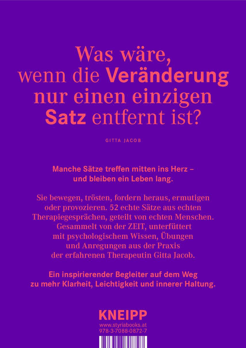 Das Buchcover von »In der Komfortzone wächst nichts.« zeigt violetten Hintergrund mit orangefarbenen und weißen Schriftzügen. Im Fokus steht die Frage nach Veränderung durch einen einzigen Satz. Der Text betont therapeutische Impulse und persönliches Wachstum. Am unteren Rand ist das Kneipp Verlag-Logo in Weiß aufgedruckt.