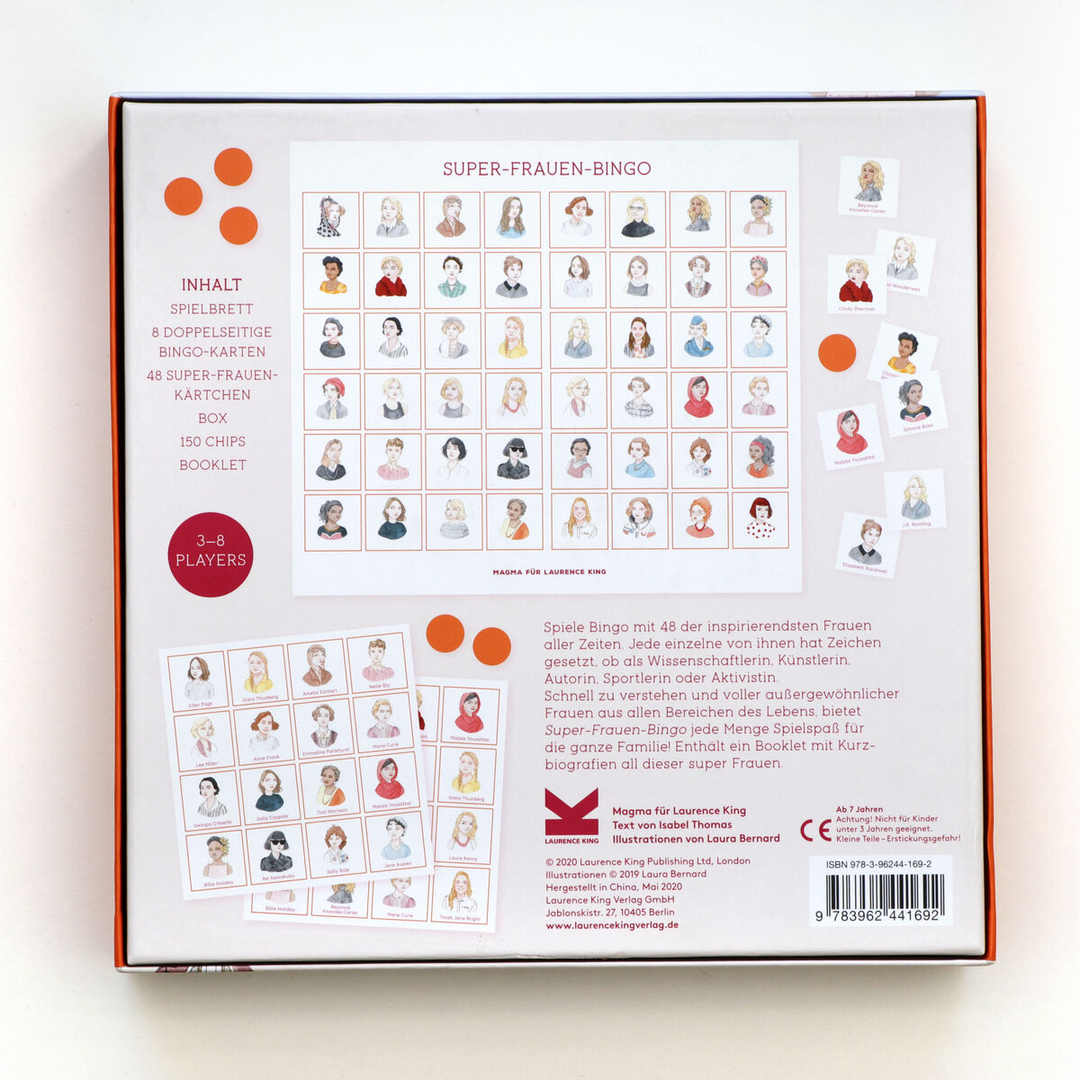 Rückseite der Verpackung des Spiels 'Bingo »Super Frauen«' zeigt ein Bingo-Brett mit illustrierten Frauenfiguren. Enthält die Aufschrift 'Super-Frauen-Bingo' und zeigt einige der enthaltenen Spielkarten. Es gibt Informationen zum Inhalt und zur Spieleranzahl (1-6 Spieler).