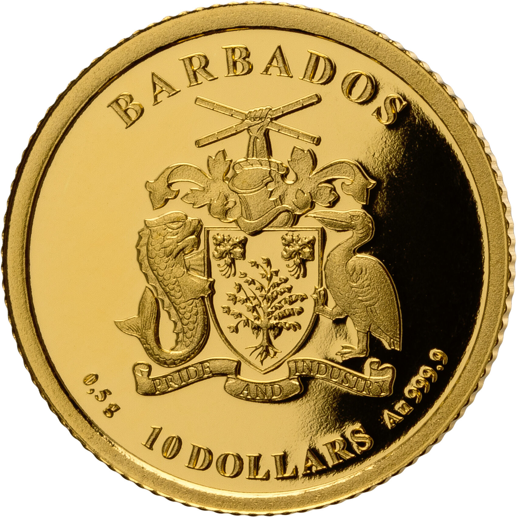Goldene Münze mit Wappen von Barbados. Auf der Münze sind detaillierte Gravuren und die Schriftzüge 'BARBADOS', '10 DOLLARS', sowie weitere Details zu sehen.