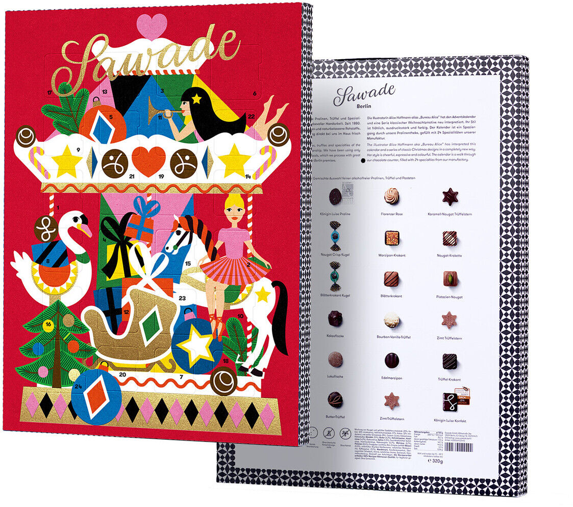 Adventskalender 'Karussell' alkoholfrei mit bunten Illustrationen und festlichen Motiven. Vorderseite zeigt verschiedene weihnachtliche Symbole, Rückseite Produktinformationen und Abbildungen der enthaltenen Süßigkeiten.