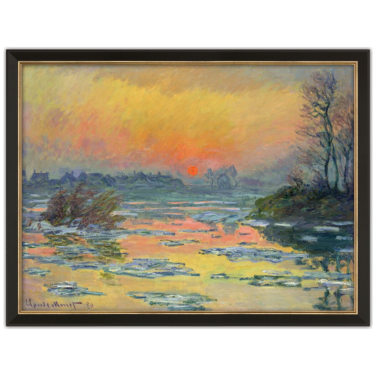 Im impressionistischen Gemälde „Sonnenuntergang an der Seine im Winter“ von Claude Monet ist eine winterliche Flusslandschaft zu sehen, bei der orangerote Sonnenstrahlen das Eis und Wasser in leuchtenden Farben reflektieren. Am Ufer stehen kahle Bäume, zarte Farbübergänge dominieren die Szenerie.