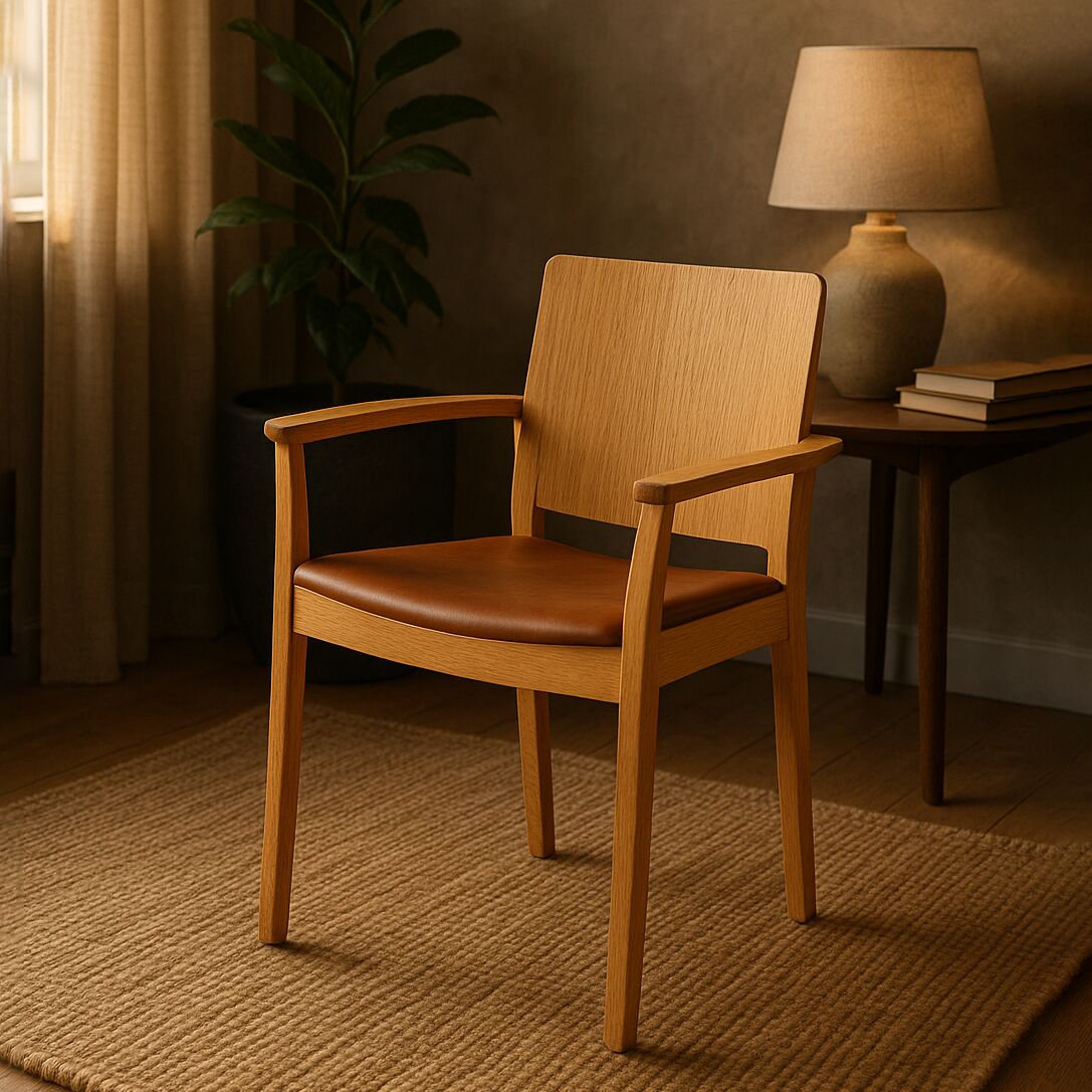 Ein zeitloser Armlehnstuhl aus Holz mit einem gepolsterten Sitz und einem minimalistischen Design, das in einem gemütlich eingerichteten Raum neben einem Tisch mit einer Lampe steht.
