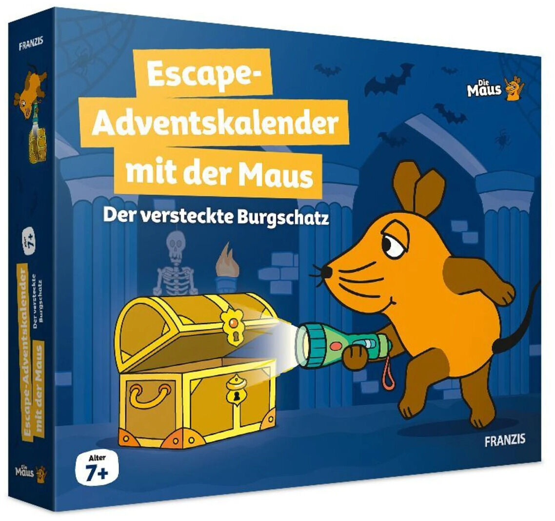 Die Verpackung des 'Escape-Adventskalender mit der Maus' zeigt die Zeichentrickfigur Die Maus, die mit einer Taschenlampe eine Schatztruhe beleuchtet. Im Hintergrund sind eine Burgmauer und Skelette zu sehen. Der Kalender ist für Kinder ab 7 Jahren geeignet.