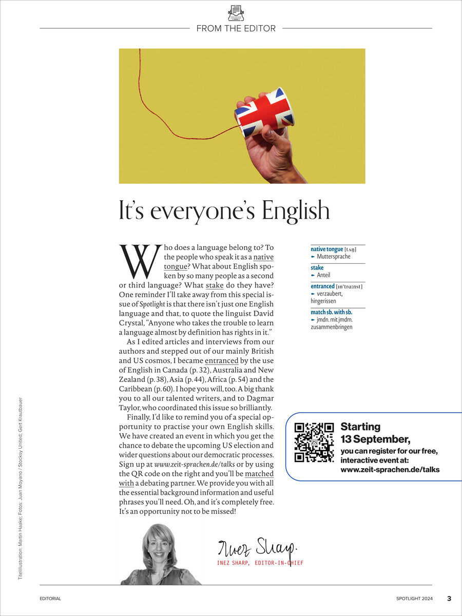 Titelseite des Spotlight Magazins 12/2024 Sonderausgabe mit einem Foto einer Hand, die eine britische Flagge hält. Der Hintergrund ist weiß mit schwarzem und rotem Text, einschließlich eines QR-Codes für weitere Informationen.