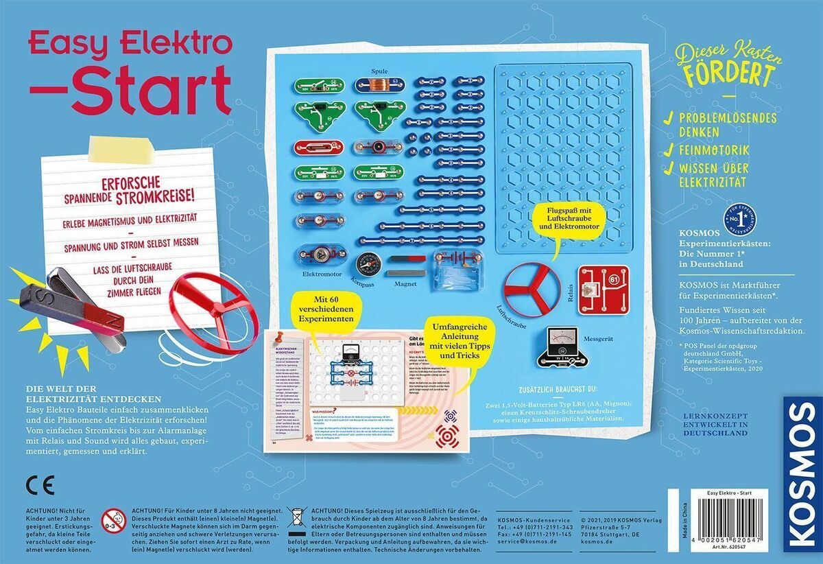 Easy Elektro - Start Experimentierbaukasten von KOSMOS in blauem Karton mit Bild von Stromkreisen, Komponenten zum Bauen von Elektronik und Beschreibung der Inhalte.