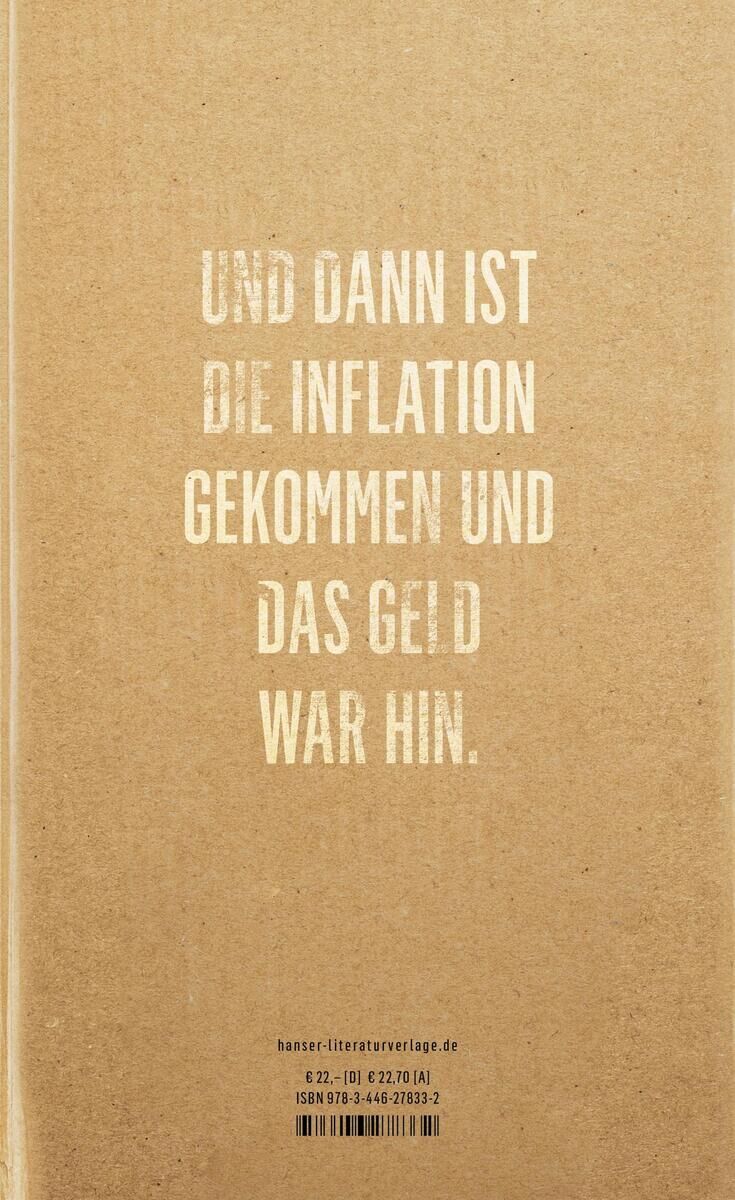 Buchcover des Titels 'Eigentum' von W. Haas, auf braunem Hintergrund mit dem Text: 'Und dann ist die Inflation gekommen und das Geld war hin.'