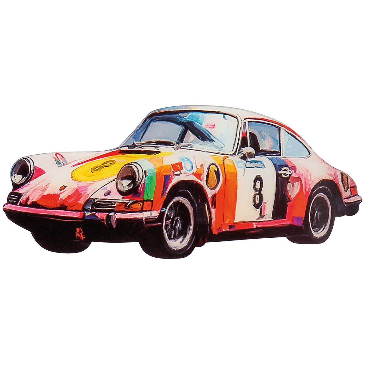 Sehr detailreicher Kunstdruck eines Porsche 911 von Holger Mühlbauer-Gardemin. Das Fahrzeug ist in leuchtenden Farben wie Rot, Gelb, Orange und Rosa gestaltet, mit dem Motiv einer Rennnummer. Gedruckt auf Alu-Dibond hinter Acrylglas im Cut-Out-Verfahren, modernes, sportliches Design.