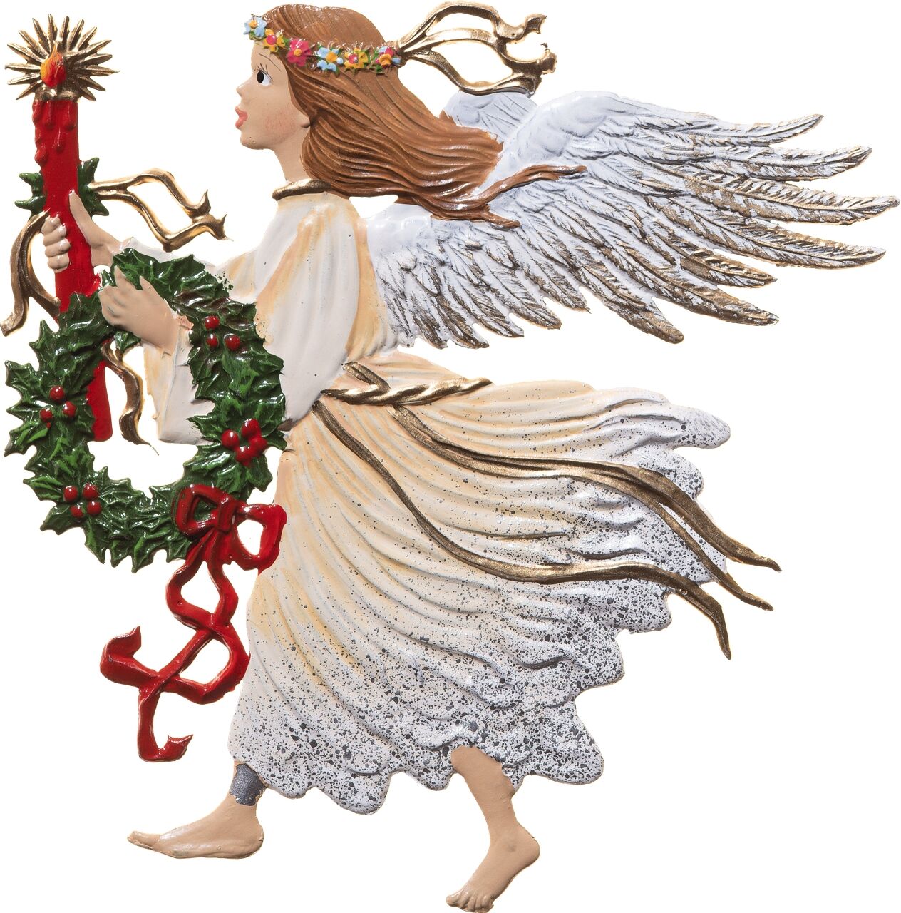 Zinnfigur eines Engels mit goldenen Flügeln und einem langen hellen Kleid, der einen grünen Kranz mit roten Beeren und eine rote Kerze hält. Die Figur trägt einen Blumenkranz auf dem Kopf und ist in festlichen Farben gestaltet.