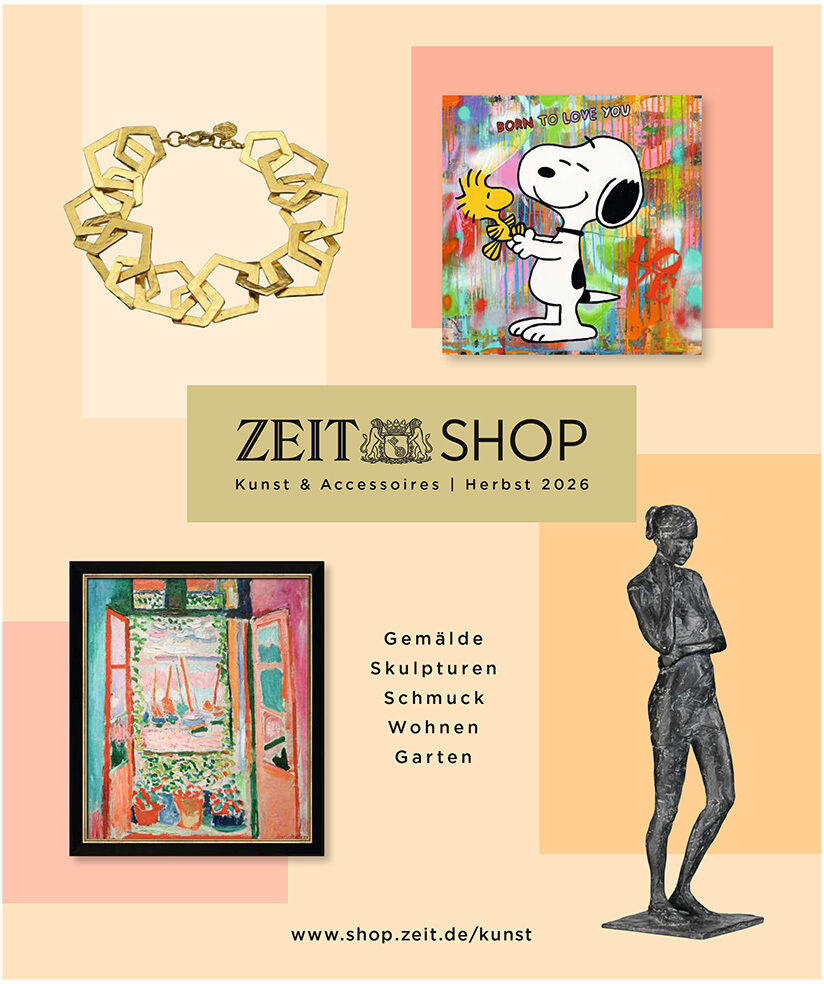 Katalogcover mit Kunst- und Schmuckmotiven: goldfarbenes Armband, buntes Gemälde von Snoopy, expressionistisches Fensterbild und bronzefarbene Skulptur einer Frau. Im Zentrum das ZEIT Shop-Logo, darunter Kategorien wie Gemälde, Skulpturen, Schmuck.