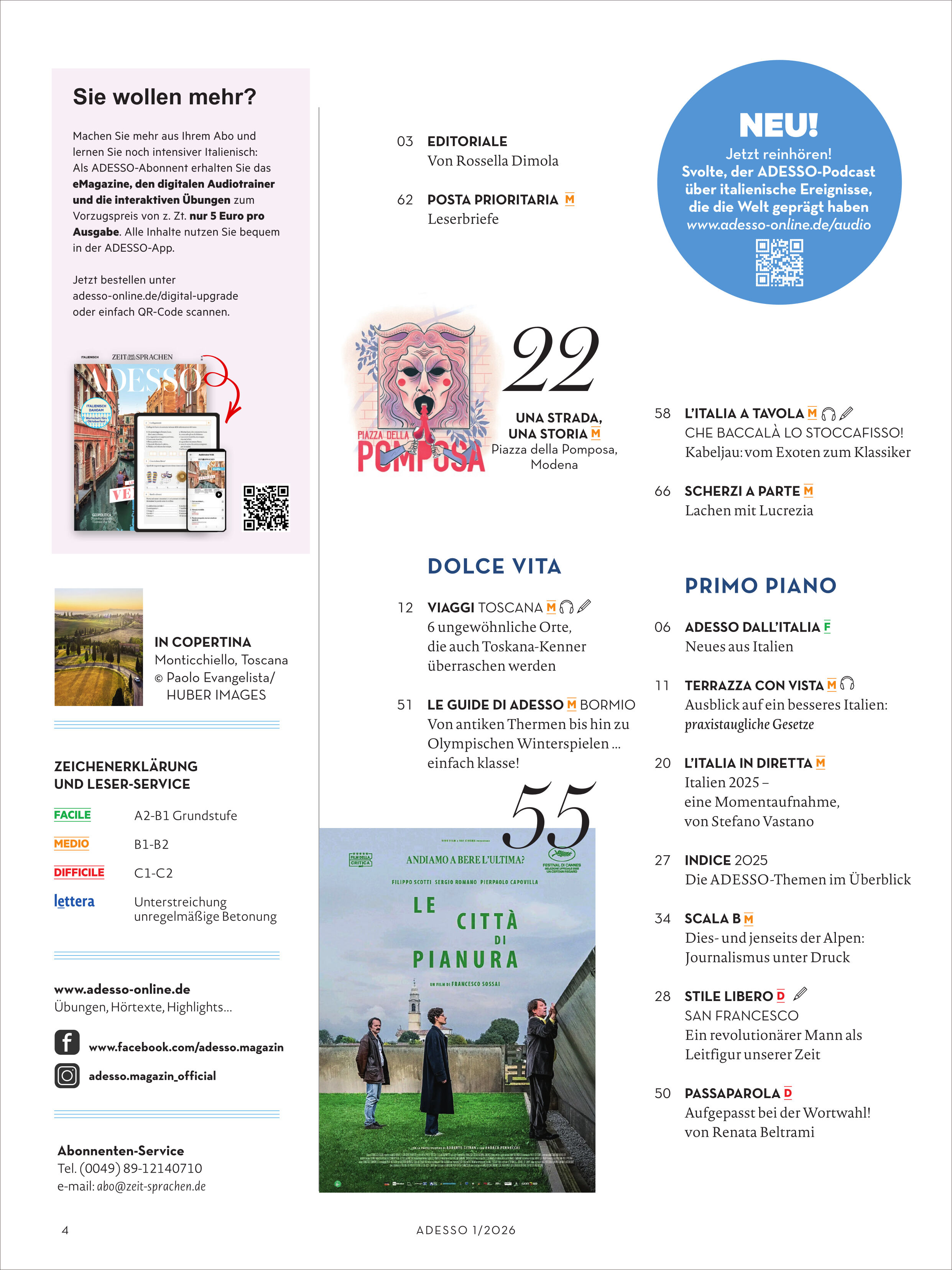 Detaillierte Magazin-Inhaltsseite des Adesso Magazins 1/2026 mit klar strukturierter Auflistung der Rubriken, Editorial, Inhalten wie Dolce Vita und Primo Piano, kleinen Cover-Abbildungen, Grafikelementen, farbigen Überschriften, Icons und einem Werbeblock für das digitale Sprachabo.