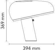 Illustration einer modernen Tischlampe 'Snoopy' mit abgerundetem Kopf und einem geraden Standfuß, abgemessen in Höhe und Breite.