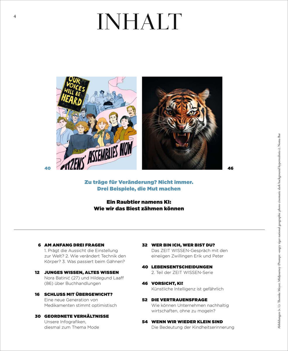 Inhaltsverzeichnis der Zeitschrift ZEIT WISSEN 6/23 mit den Schwerpunkten Demut, Dankbarkeit und Vergebung. Es zeigt ein Bild eines heldenhaften Cartoon-Charakters und einen realistischen Tiger.