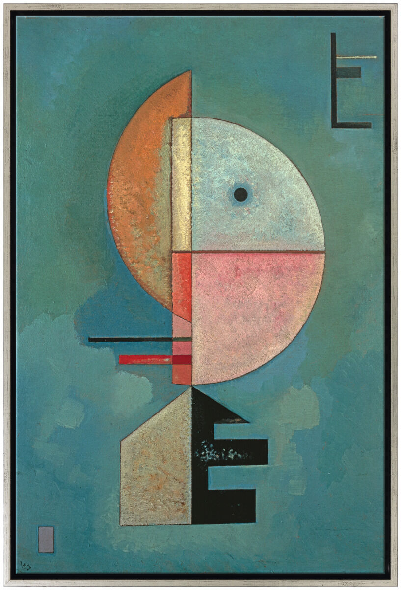 Das Gemälde »Empor« von Wassily Kandinsky aus dem Jahr 1929 zeigt eine abstrakte Komposition mit geometrischen Formen und lebendigen Farben vor einem grünen Hintergrund. Dominierende Farben sind Grün, Rot, Blau, Pink, Schwarz, Gold und Orange. Die Formen sind strukturiert und wirken wie ein Zusammenspiel unterschiedlicher Elemente, die Balance und Kontrast erzeugen.