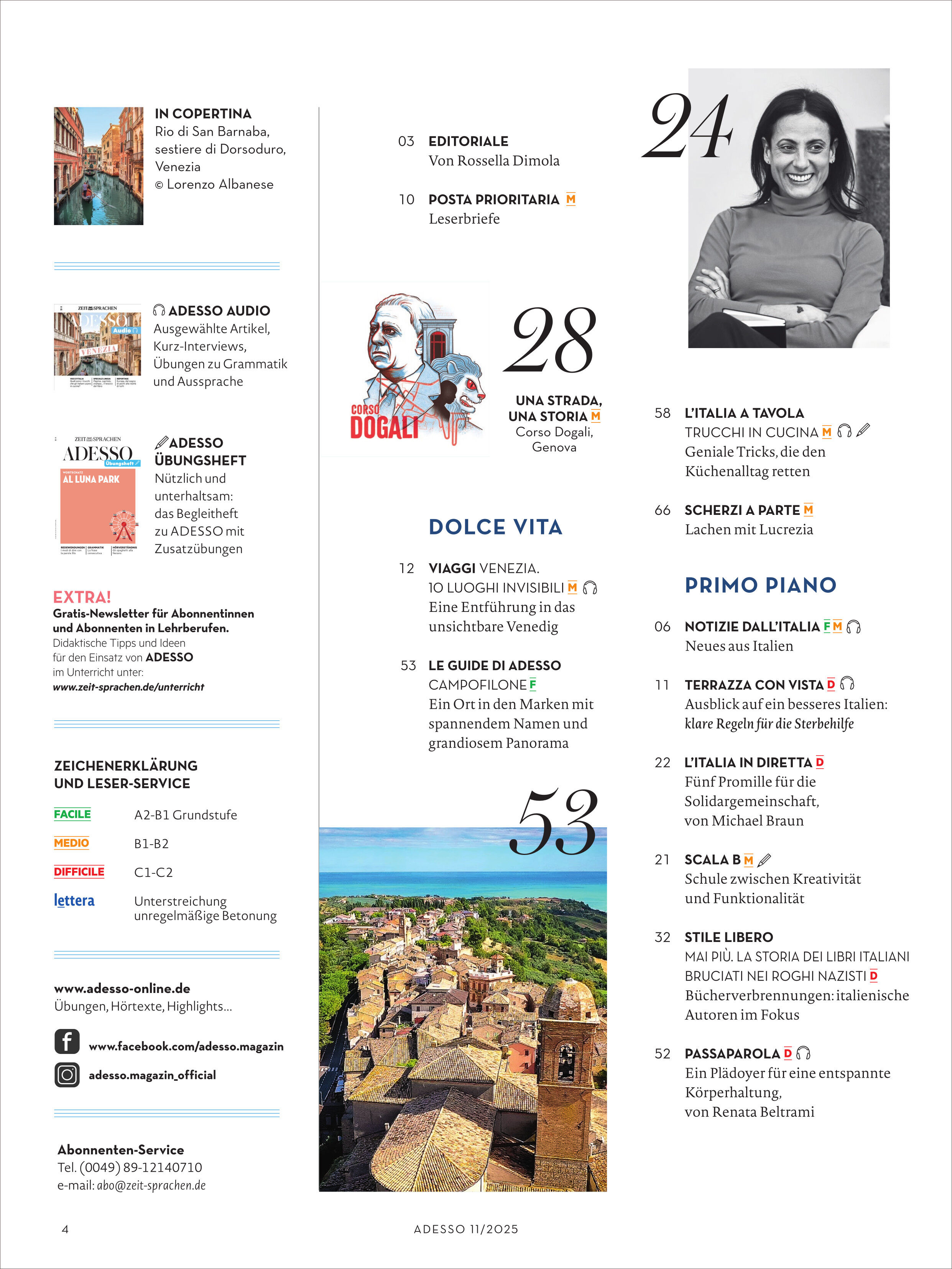 Titelseite des Adesso Magazins Ausgabe 11/2025 mit Inhaltsverzeichnis, kleinen Farbfotos, einer Porträtaufnahme einer Frau, sowie bunten grafischen Akzenten und Übersicht der Rubriken zu Italien, Kultur, Reisen, Kulinarik und Lifestyle.