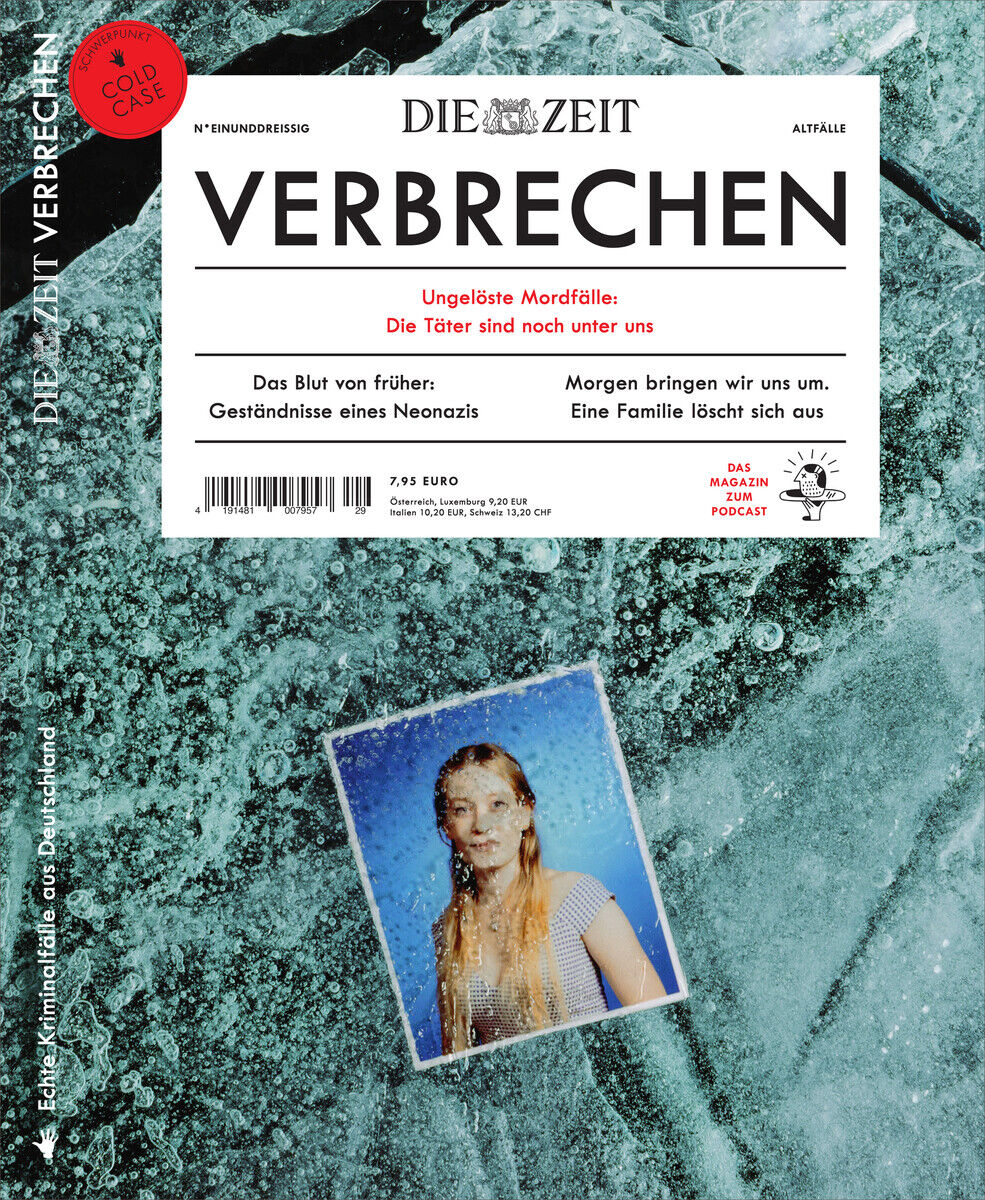 Titelbild der Zeitschrift 'Die Zeit Verbrechen', Ausgabe 31/25, mit einem künstlerischen und geheimnisvollen Foto und der Schlagzeile über ungelöste Mordfälle.