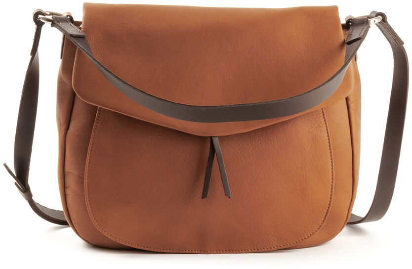Braune Leder-Slingbag mit schwarzem Schulterriemen, klassisches und robustes Design, ideal für viele Gelegenheiten.