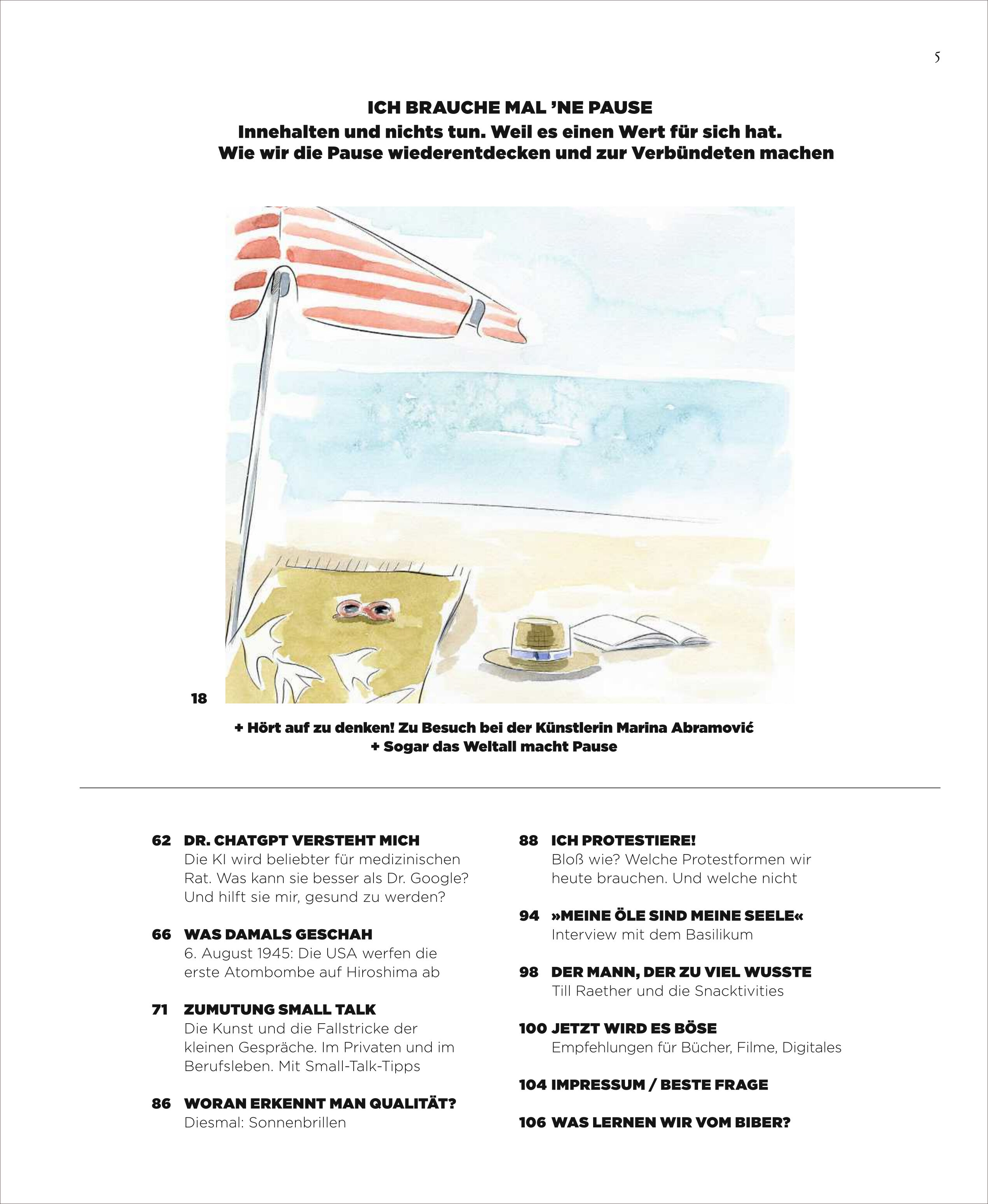 Cover der Zeitschrift ZEIT WISSEN 4/25 mit dem Titelthema 'Pause?'. Das Titelbild zeigt einen ruhigen Strand mit einer Sonnenliege, einem rot-weiß-gestreiften Sonnenschirm, Handtuch, Wasserflasche und weiteren Strandutensilien im Sand. Das Motiv vermittelt Entschleunigung, Erholung und die Bedeutung von Pausen im Alltag. Auf dem Cover sind zudem verschiedene Überschriften zu weiteren Themen der Ausgabe zu sehen.