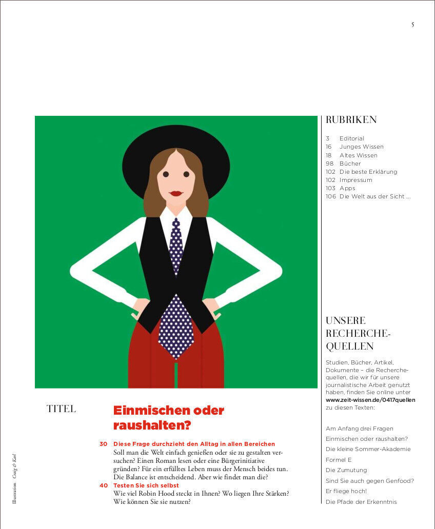 Cover des Magazins ZEIT WISSEN 4/17 mit dem Titel 'Soll ich mich einmischen?'. Eine Illustration zeigt eine stilisierte Person mit braunen Haaren, weißem Hemd, schwarzer Weste und rotem Hintergrund. Auf der rechten Seite befinden sich verschiedene Rubriken und Recherche-Quellen.