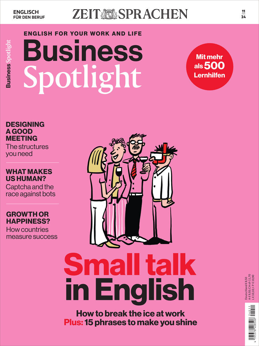 Titelbild des Business Spotlight Magazins 11/2024. Der Hintergrund ist rosa mit Illustrationen von Personen in Business-Kleidung. Der Titel betont 'Small Talk in English' mit weiteren Informationen zu Lernhilfen und Themen wie Meetings und Unternehmenswachstum.
