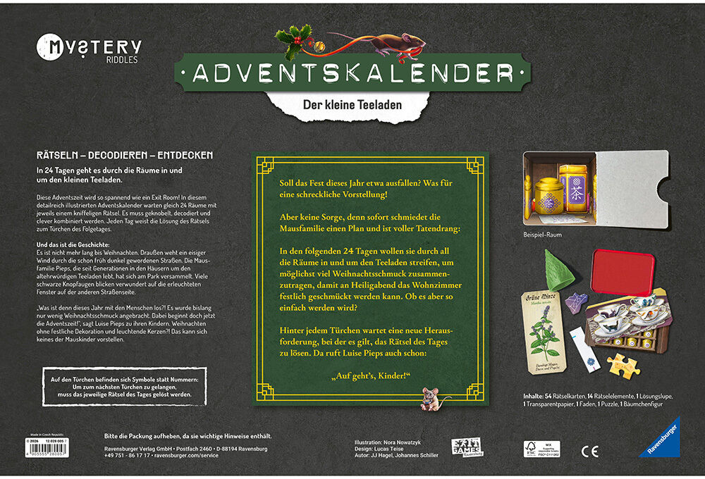 Detailreiche Rückseite eines Adventskalenders namens „Mystery Adventskalender - Der kleine Teeladen“ von Ravensburger. Das Design zeigt Schachteln, Teedosen, Rätselzubehör, golden gerahmte Textfelder und eine Geschenkbox in stimmungsvoller, weihnachtlicher Gestaltung.