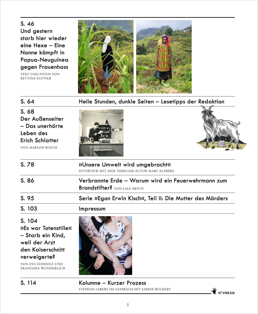 Seite aus ZEIT VERBRECHEN 40/26; oben drei Farbfotos mit Frauen in traditioneller Kleidung und einem Tukan, darunter Inhaltsverzeichnis mit Themen wie Hexenverfolgung, Außenseiter, Umweltverbrechen, Feuertod, Mord, Justiz und Tierillustration.