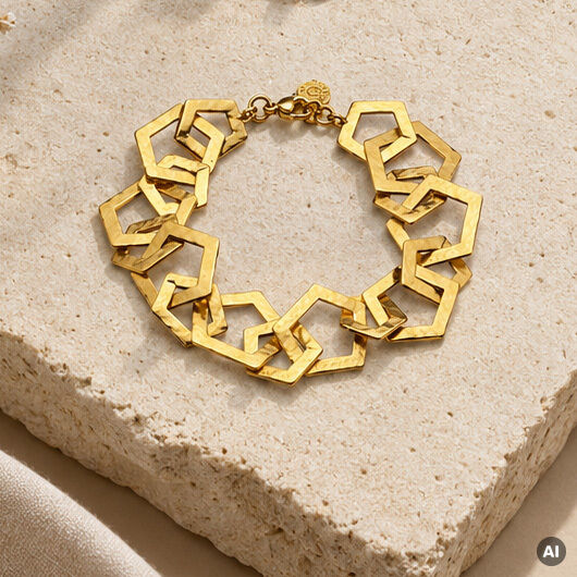 Vergoldetes Armband »Rosa« von Ars mundi aus 22 Karat vergoldetem Messing, bestehend aus kantigen, ineinander verschlungenen Fünfeck-Gliedern im modernen, geometrischen Design, arrangiert auf hellem Naturstein-Untergrund in warmem Licht.