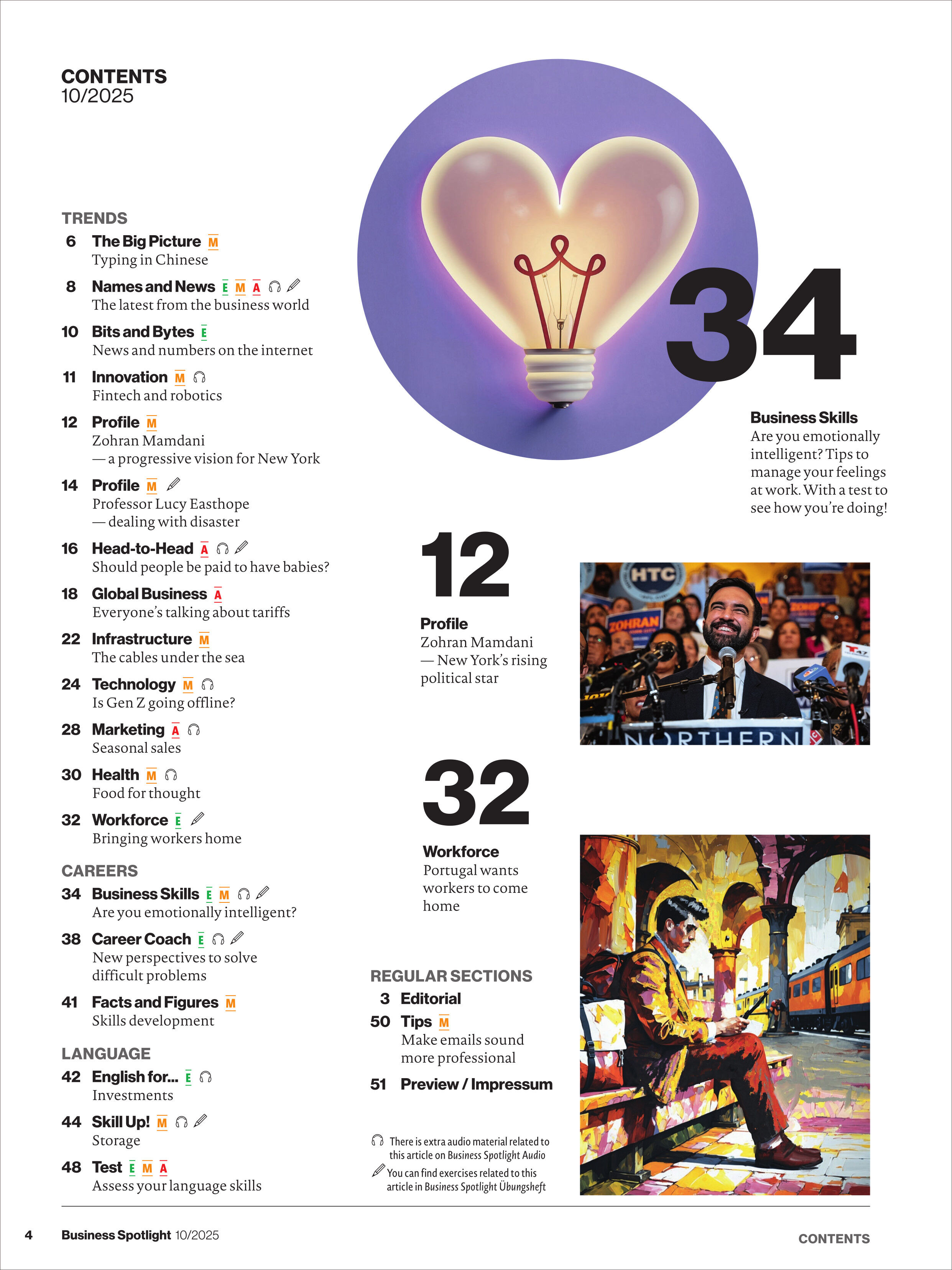 Inhaltsverzeichnis einer Business-Zeitschrift mit modernen Illustrationen zu beruflichen Themen, einem leuchtenden Glühbirnenherz, Artikeltiteln, Rubrikenübersicht und einem auffällig gestalteten, stilisierten Business-Porträt. Die Seite verwendet kräftige Farben wie Lila, Gelb, und Orange und spricht Leser an, die sich für Karriere, Wirtschaftstrends und Englischlernen interessieren.