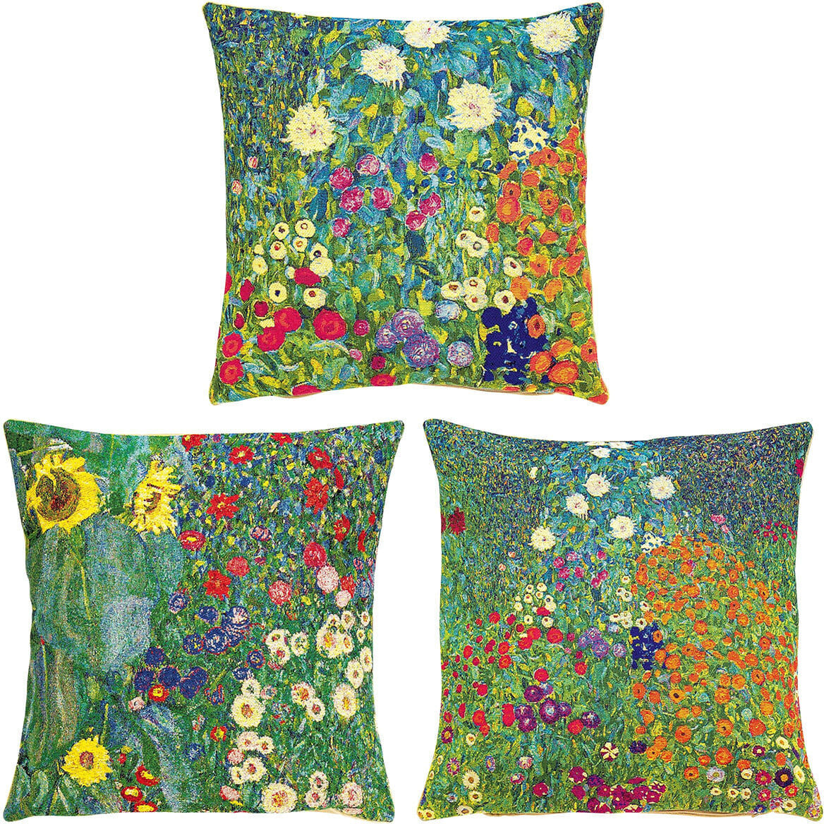 Set aus drei Kissenhüllen mit Motiven inspiriert durch Gustav Klimt. Die Kissen zeigen lebhafte Blumenmuster in dominanten Blau-, Grün-, Rot-, Gelb- und Weißtönen.