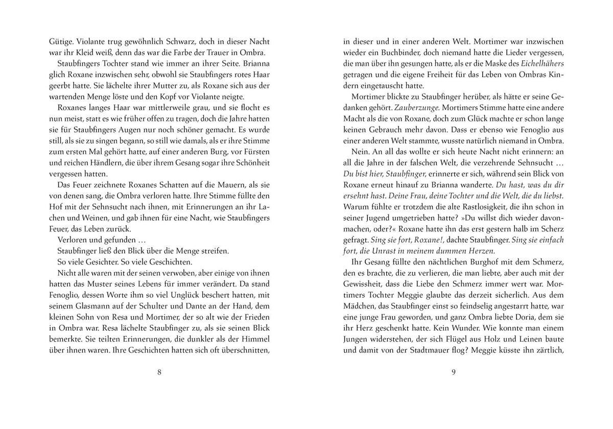 Bild von zwei Buchseiten des Buches 'Tintenwelt 4' von C. Funke mit mehreren Absätzen in gedruckter Schrift.