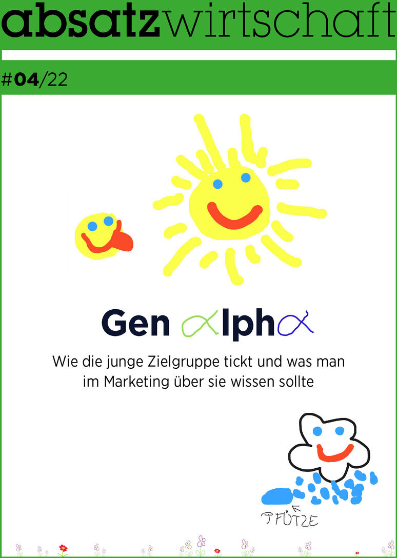 Cover der absatzwirtschaft Ausgabe 4/22. Das Bild zeigt eine helle, grüne Titelseite. Zentral sind bunte Kinderzeichnungen abgebildet: eine lachende Sonne, eine Wolke und ein Sonnenschirm. Der Titel lautet: 'Gen Alpha' mit Untertext 'Wie die junge Zielgruppe tickt und was man im Marketing über sie wissen sollte'.