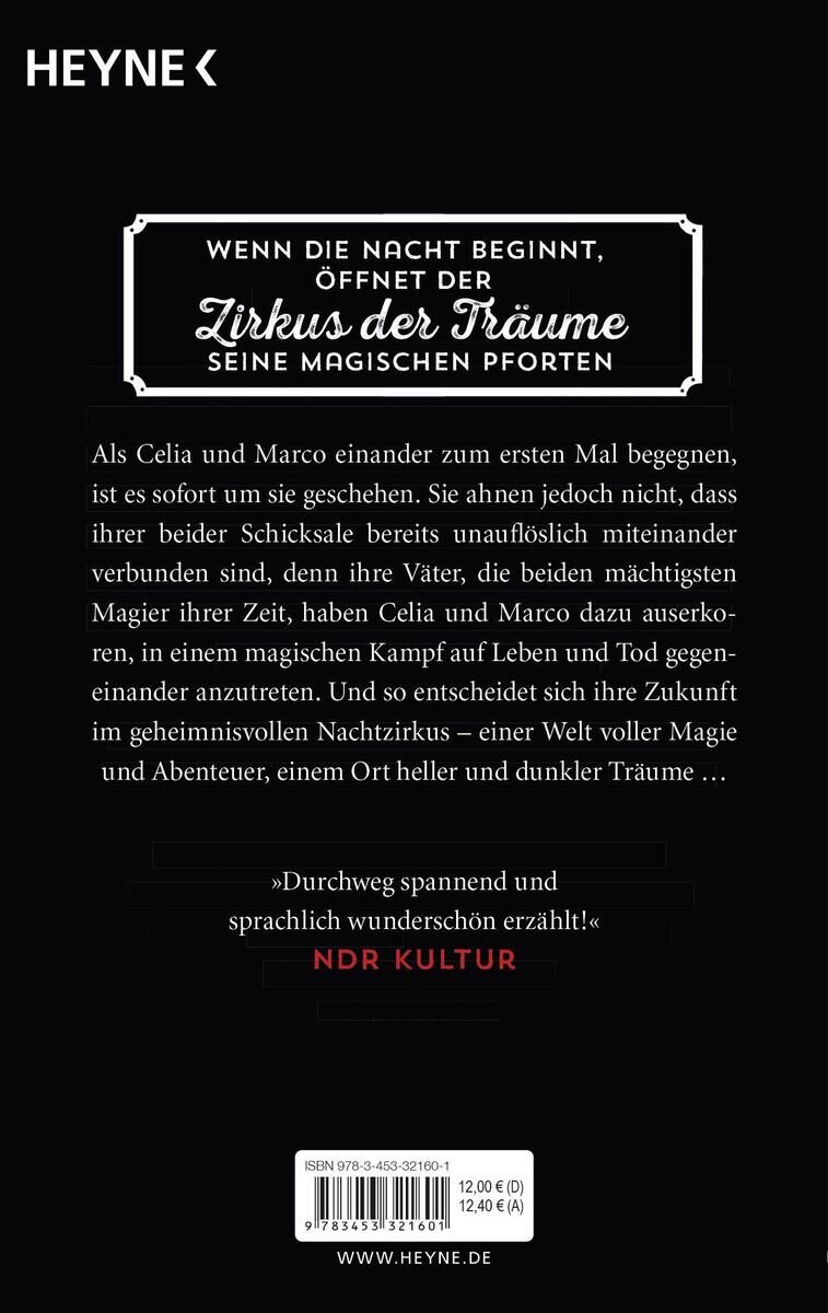 Buchcover des Romans 'Nachtzirkus' von Erin Morgenstern. Das Cover ist überwiegend schwarz mit weißen und roten Schriftzügen. Der Titel und der Autor sind oben, ein Zitat von NDR Kultur unten. Der Text in der Mitte beschreibt die Handlung und Atmosphäre des Buches.