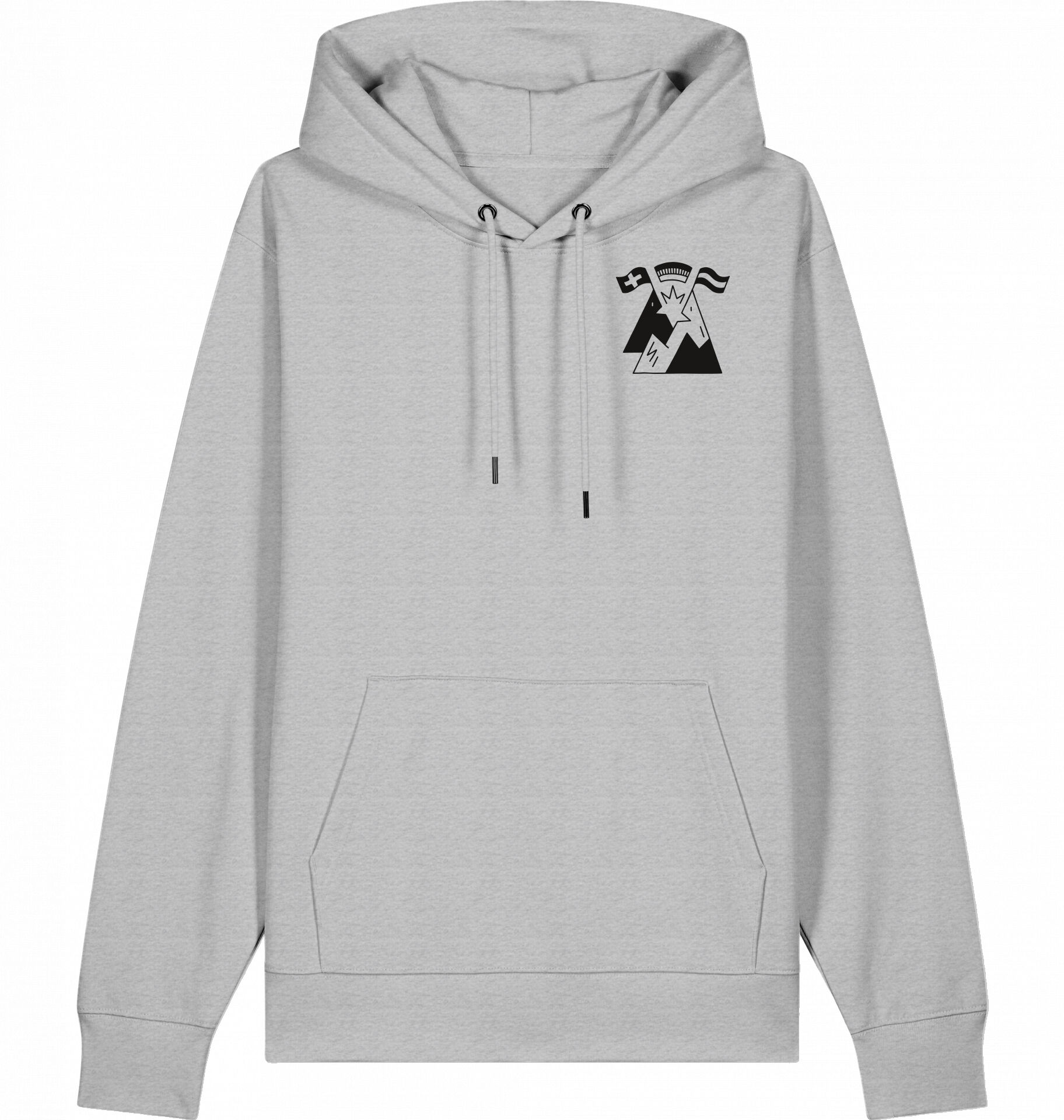 Hellgrauer Hoodie mit Kapuze und Kängurutasche. Auf der linken Brustseite ist ein stilisiertes Alpenmotiv in Schwarz mit den Grußworten ‚Servus. Grüezi. Hallo.‘ aufgedruckt. Das Design verbindet alpine Motive mit regionalen Begrüßungen aus dem deutschsprachigen Raum.
