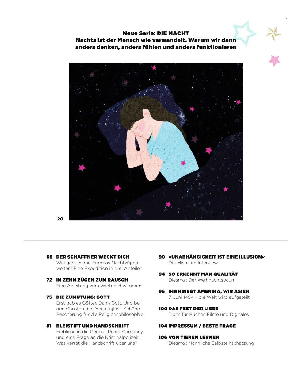 Cover des Magazins ZEIT WISSEN 1/24 mit Titel 'Die Nacht'. Oben ist ein Text über die Nacht und darunter eine Illustration einer Person, die auf einem Sternenhintergrund liegt. Um die Abbildung herum sind in Pastellfarben Sterne verteilt. Unten auf der Seite sind Artikelüberschriften und ihre Nummerierungen zu sehen.