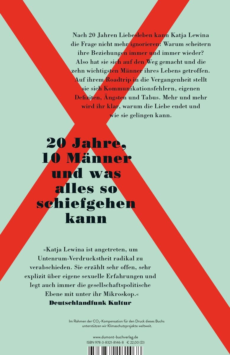 Das Buchcover von 'Lewina, Katja: Ex' zeigt rote diagonale Linien auf einem grünen Hintergrund mit schwarzem Text. Es beschreibt das Thema gescheiterte Beziehungen und die persönliche Reise der Autorin über 20 Jahre und 10 Männer hinweg.