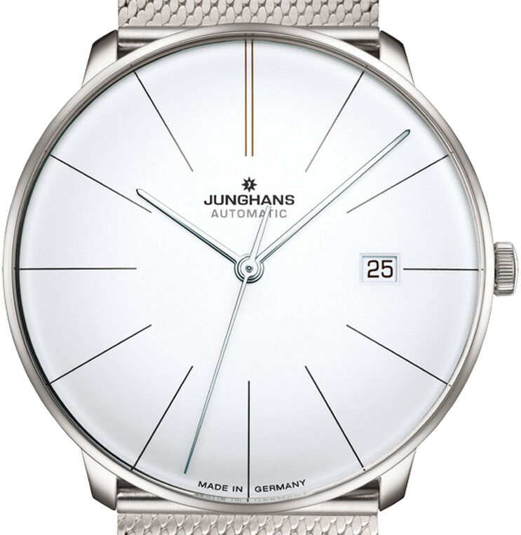Elegante Automatik-Armbanduhr von Junghans, Modell ZEIT-Sonderedition »Meister fein Automatic«, mit silbernem Edelstahlarmband und schlichtem weißen Zifferblatt.