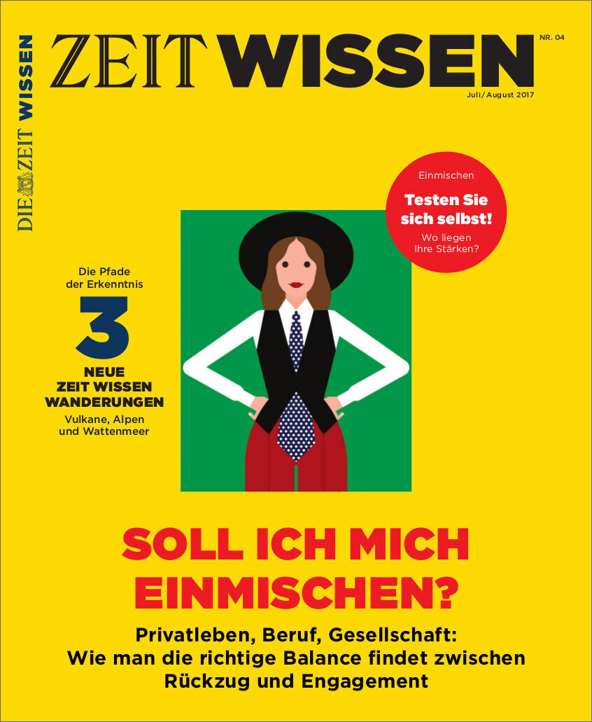 Titelbild des Magazins ZEIT WISSEN Ausgabe 4/17 mit dem Thema 'Soll ich mich einmischen?'. Das Cover ist überwiegend gelb mit rotem und schwarzem Text und zeigt eine Illustration einer Frau in einem blauen Kleid, weißem Hemd und schwarzem Hut.