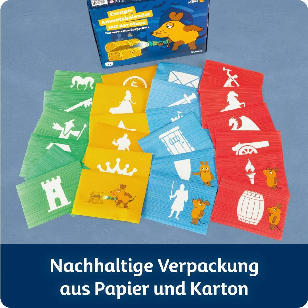 Eine Verpackung des Produktes 'Escape Adventskalender mit der Maus', die verschiedene Spielfiguren und Bastelmaterialien aus Papier in Farben Grün, Rot, Blau und Gelb zeigt. Die Figuren sind in Form von Burgen, Kronen, Rittern und verschiedenen Symbolen gestaltet. Die Verpackung weist darauf hin, dass sie aus Papier und Karton besteht und somit nachhaltig und umweltfreundlich ist.