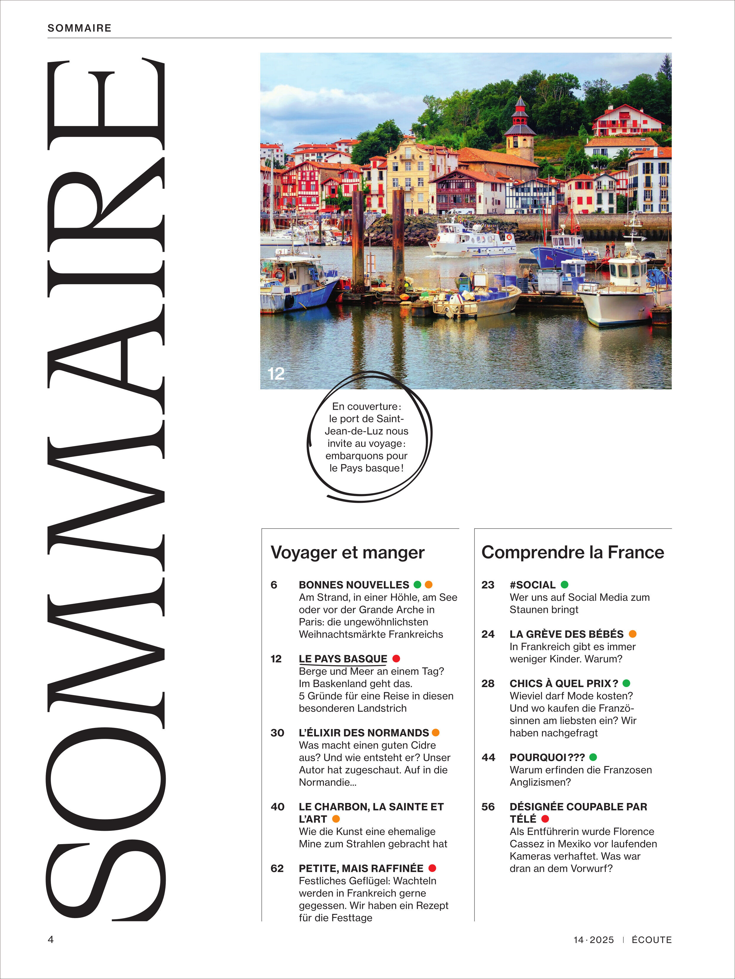 Titelseite eines Magazins mit großem Schriftzug 'SOMMAIRE' am linken Rand. Im oberen Bereich ein detailreiches Foto eines farbenfrohen Hafens mit Booten und bunten Häusern am Hang. Darunter übersichtliche Themenliste der Ausgabe, gegliedert nach Rubriken, mit Seitennummern und kurzen Beschreibungen.