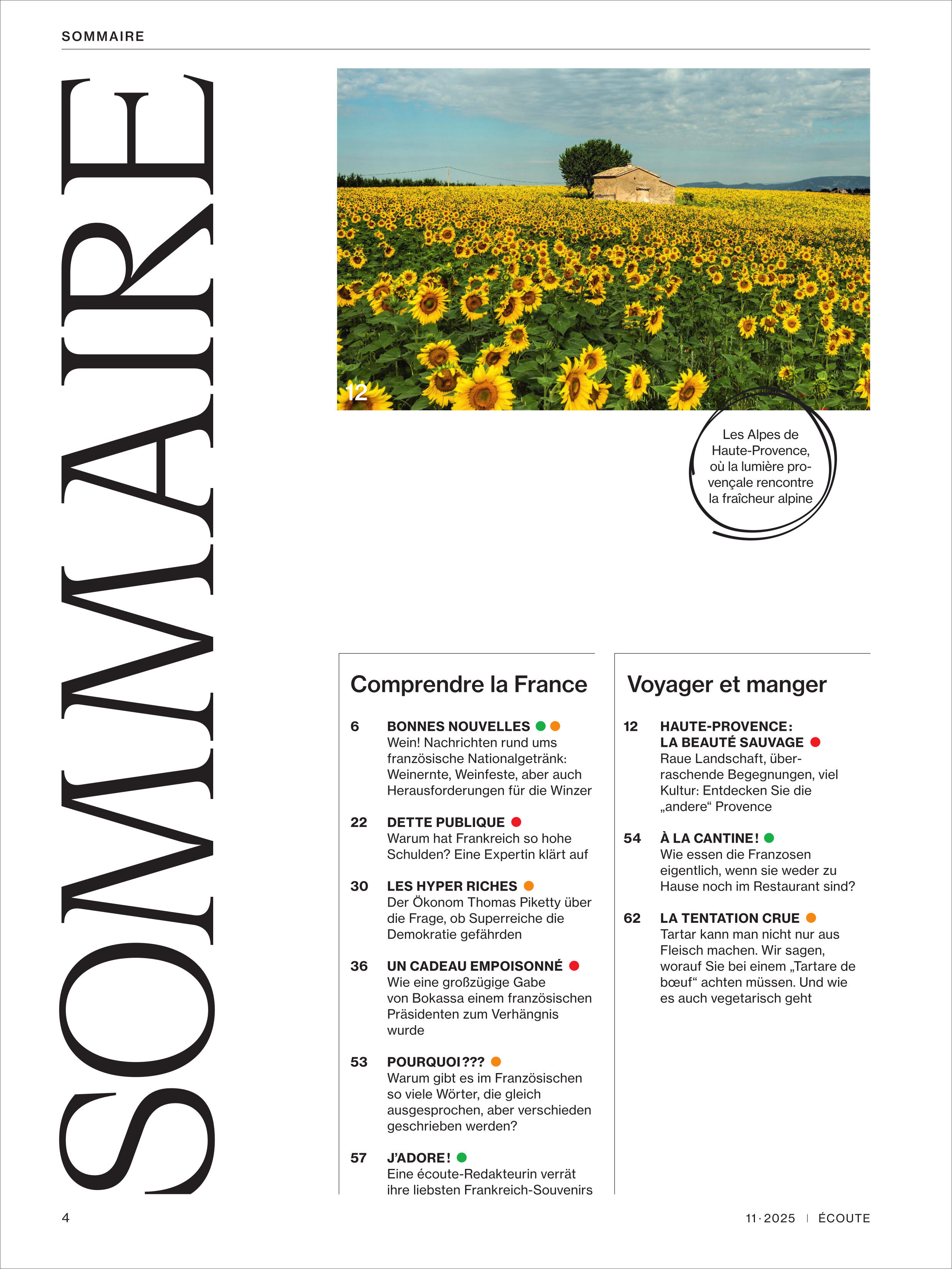 Titelseite und Inhaltsverzeichnis eines französischen Sprachmagazins mit dem Schwerpunkt auf Frankreich. Oben im Bild ein großes Sonnenblumenfeld unter blauem Himmel mit vereinzelten Wolken. Die Seite enthält Textspalten mit Themen zum französischen Leben, Essen, Reisen und Sprache sowie einen Kasten mit Foto-Erklärung. Die Farbkomposition wird von gelb, grün und blau dominiert und vermittelt ein sommerliches Gefühl.