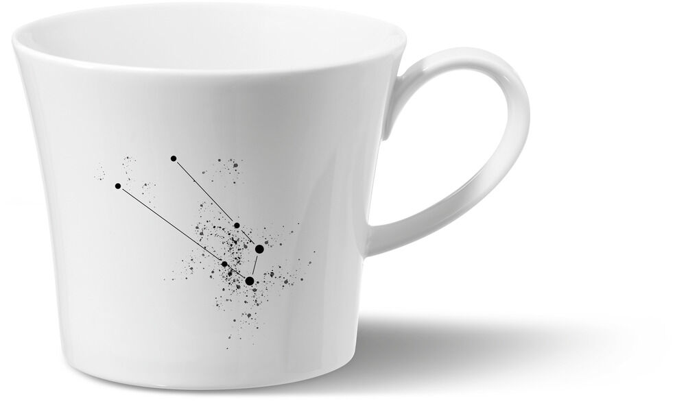 Weiße Frühstückstasse mit schwarzen Sternzeichen und Konstellation-Design.
